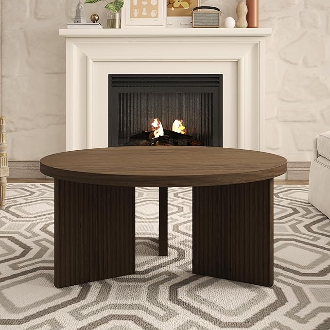 Wooden Round Coffee Table, 35" Coffee Table with Smooth Thick Mesa, Low Circle Center Table with X Shaped Stable Legs, Accent Tea Table for Living Room, Office, Brown