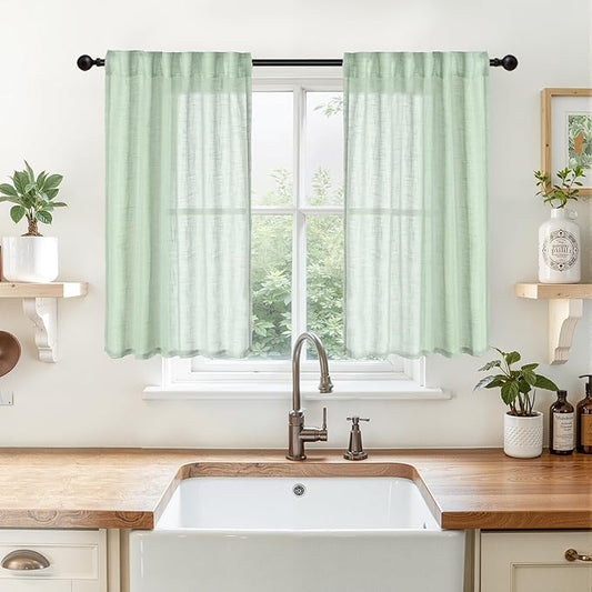 YoungsTex Sage Green Linen Curtains 40 Inch Length for Kitchen Cafe Window, Semi Sheer Short Drapes with Rod Pocket Back Tab Textured Light Filtering for Bathroom, 2 Panels, 34 X 40 Inch