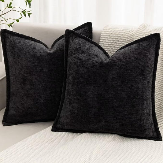 Black Decorative Throw Pillow Covers 18x18 Inch Set of 2 Cozy Soild Chenille Cushion Cases Soft Textured Square Couch Pillows Cover Boho Accent Farmhouse Pillowcases for Sofa Bed