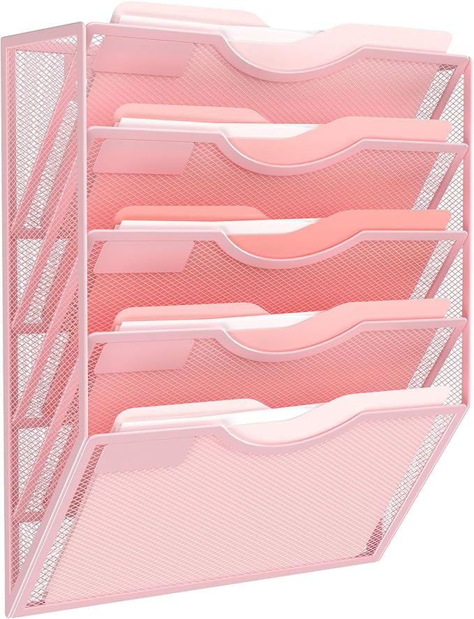Kuntine.B Wall File Organizer Office Hanging Magazine Holder Wall File Organizer for Office Home (Pink, 5 Tier)