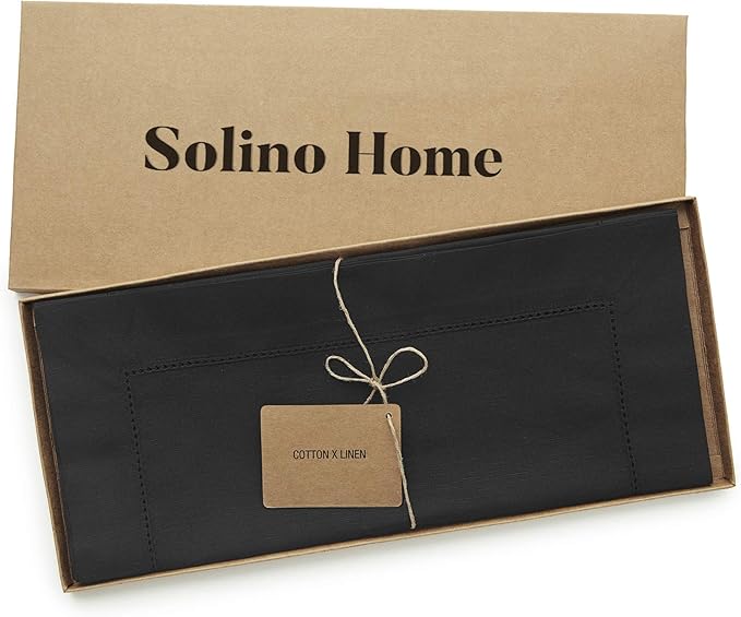 Solino Home Cotton Linen Black Table Runner 120 Inches Long - Hemstitch 14 x 120 Inch Table Runner for Fall, Autumn, Halloween, Thanksgiving, Holiday