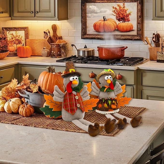 Thanksgiving Turkey Decorations Indoor, Stuffed Turkey Animal Plush Couple, Fall Harvest Home Kitchen Decor, Thanksgiving Tabletop Centerpieces Decorations for Home