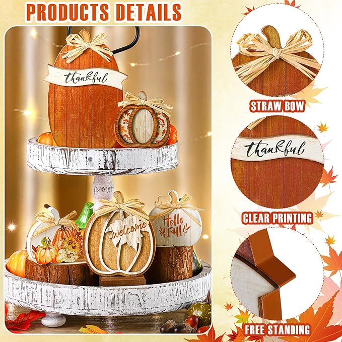 5 Pcs Fall Brown Pumpkin Decor for Home Thanksgiving Wooden Table Centerpiece Decorations Fall Wooden Pumpkin Signs for Autumn Farmhouse Home Living Room Kitchen Mantle Tabletop Supplies