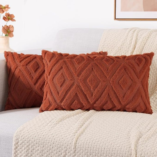 decorUhome Fall Couch Throw Pillow Covers 12x20 Set of 2, Decorative Soft Plush Faux Wool Lumbar Neutral Accent Pillow Covers for Bed Sofa Living Room, Rust
