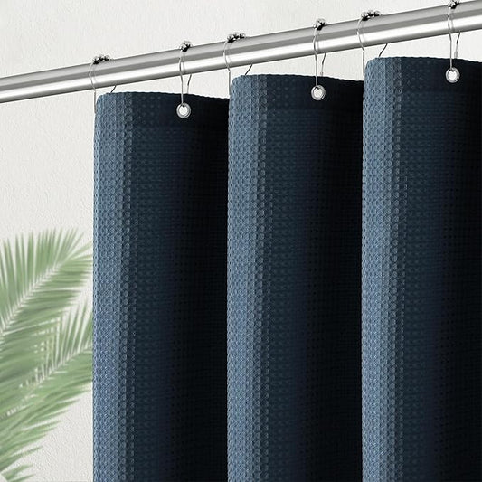 Shower Curtain Fabric Washable for Stall, Waffle Weave 36 Inches Heavy Duty Navy Shower Curtain, Half Size Waterproof 256GSM Spa Luxury Shower Curtains with 6 Metal Hooks,36Wx72H Navy Blue