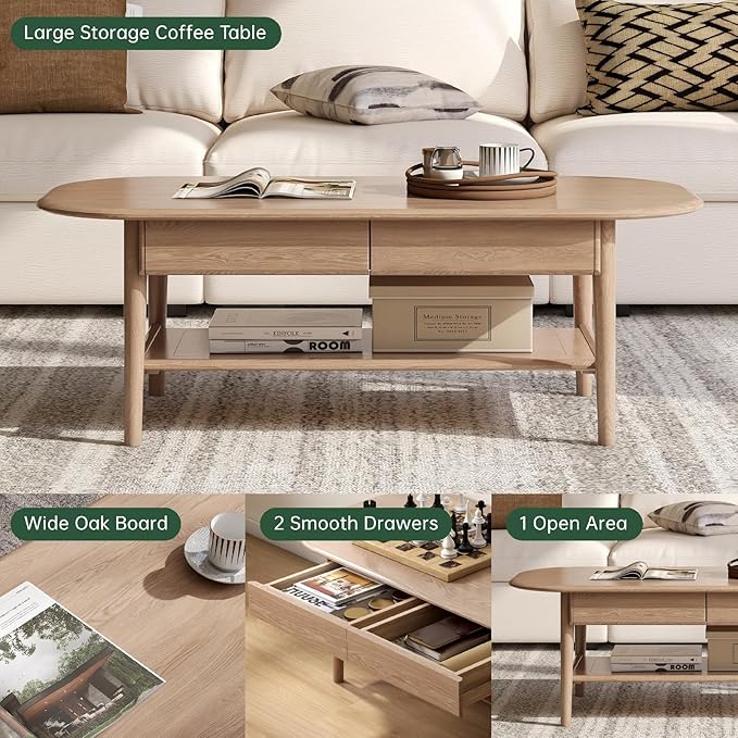 100% Solid Wood Coffee Table for Living Room, 2-Tier Coffee Table with 2 Drawers and Shelf Storage, Mid Century Modern Table for Home (Mandshurica Natural Wood, 47.24''W x 22.05" D x 16.54" H)