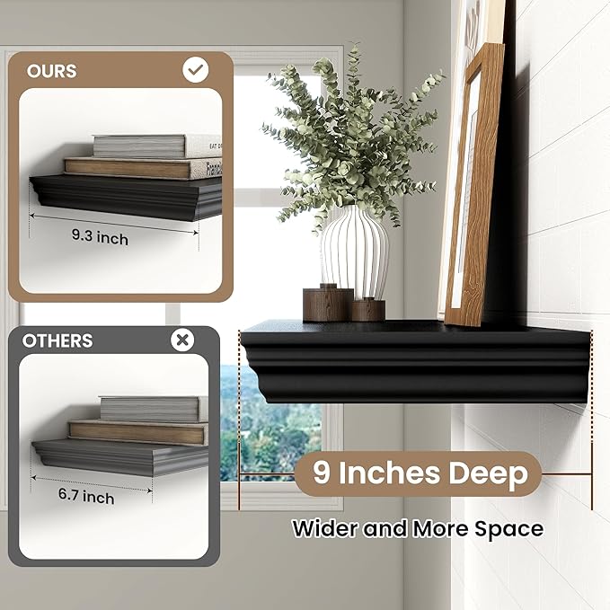 Axeman 36 Inch Floating Shelves for Wall, 9.3" Deep Crown Molding Wood Display Shelf with Heavy Duty Invisible Brackets for Living Room, Bedroom, Bathroom, Kitchen Decor & Storage, Set of 2, Black