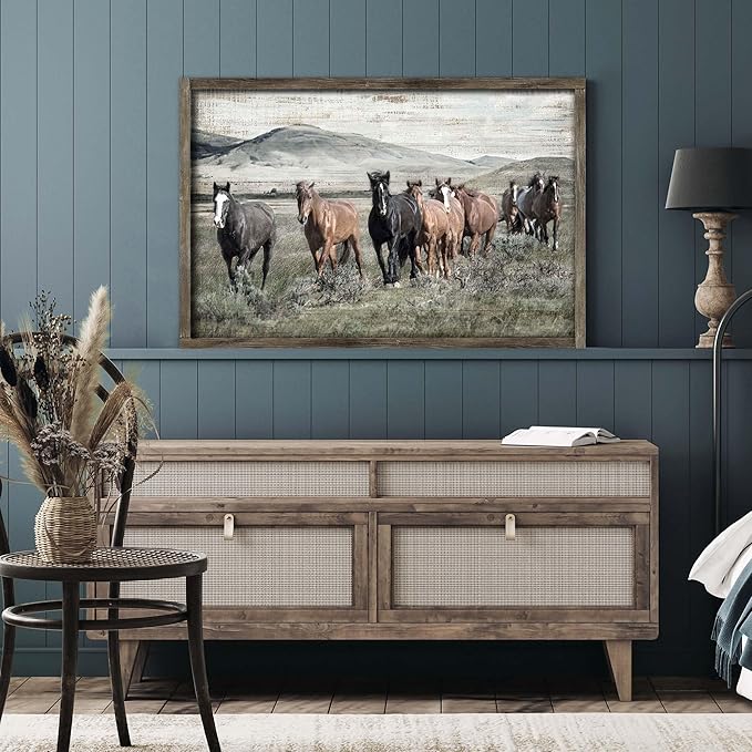 Horse Wall Art Framed Picture: Wild Animal Wooden Print Decor Large Wildlife Painting Artwork for Farmhouse Bedroom Living Room