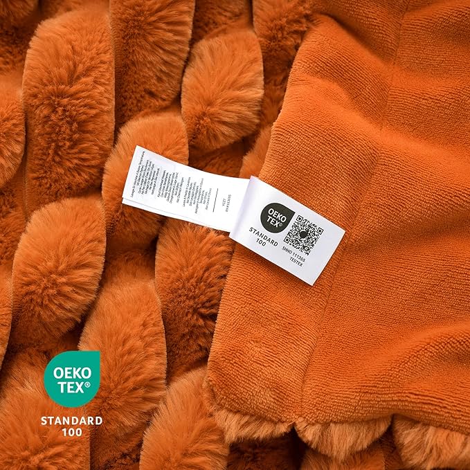 Cozy Bliss Faux Fur Throw Blanket for Couch, Cozy Warm Plush Striped Blanket for Sofa Bedroom Living Room, 60 * 80 Inches Burnt Orange