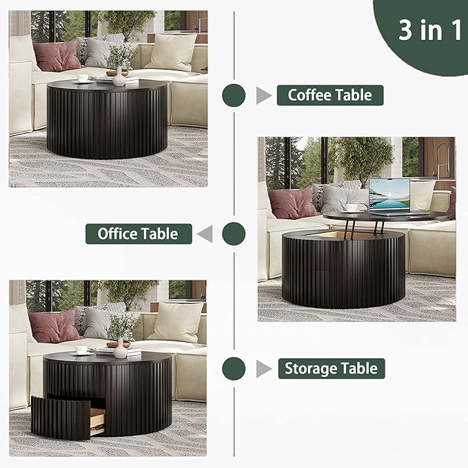 POVISON Round Coffee Table with Storage, Lift Top Coffee Table for Living Room, 39.37" Fluted Mid Century Modern Center Table for Home, Office, Black, Fully Assembled