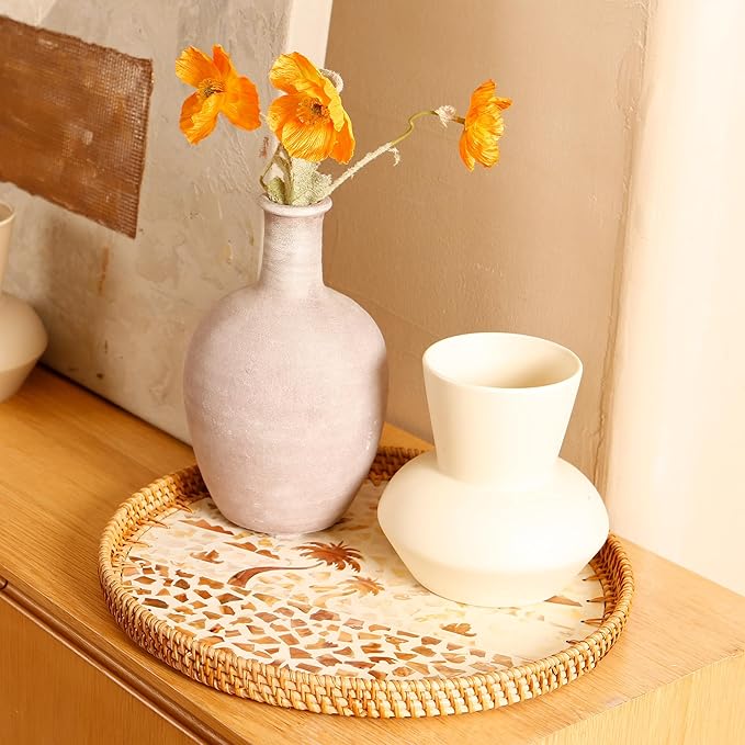 Round Rattan Tray with Mother of Pearl Inlay & Wooden Base - Decorative Wicker Serving Tray for Coffee/Bread/Fruits, Food Storage & Display - Multipurpose Home Decor (M,Island)