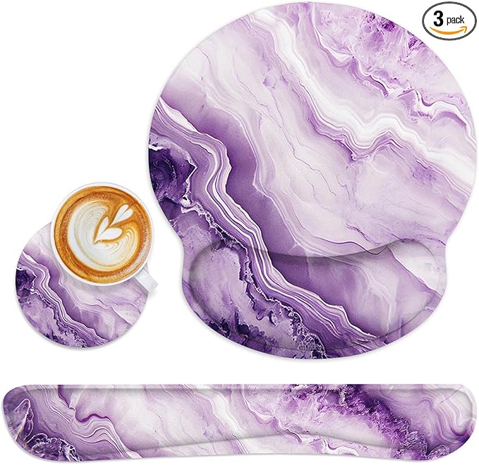 Britimes Purple Marble Gold Mouse Pad 3pcs Set with Wrist Support Non-Slip Rubber Base Ergonomic Pad,Mouse Wrist Cushion Support and Coasters for Home Office Gaming Easy Typing & Pain Relief
