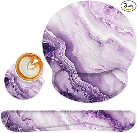 Britimes Purple Marble Gold Mouse Pad 3pcs Set with Wrist Support Non-Slip Rubber Base Ergonomic Pad,Mouse Wrist Cushion Support and Coasters for Home Office Gaming Easy Typing & Pain Relief