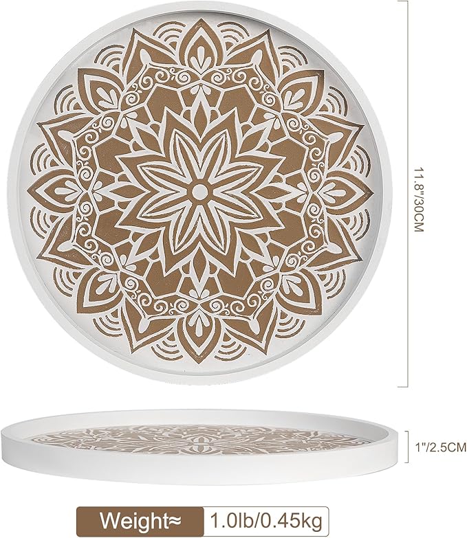 Rustic Round Wood Decorative Coffee Table Tray Farmhouse Decor with Wood Texture Boho Ottoman Serving Tray for Kitchen Counter Home (White)