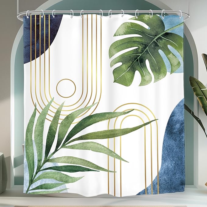 Glawry Boho Blue Green Shower Curtain Mid Century Abstract Tropical Palm Leaf Modern Minimalist Plant Botanical Bathroom Geometric 60Wx72L Inches Bath Accessories Art Home Decor Fabric 12 Pack Hooks