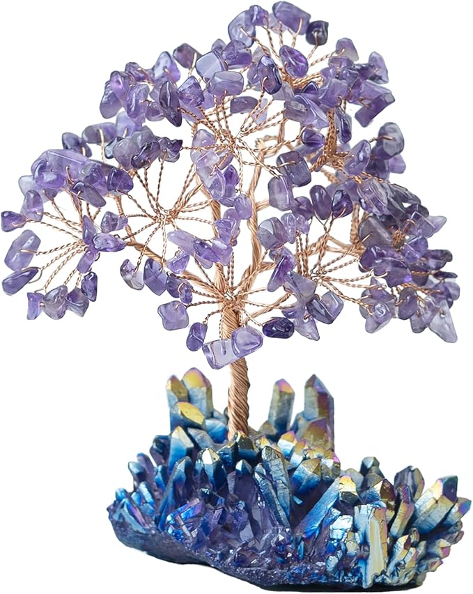 Amethyst Crystal Tree with Rainbow Titanium Cluster Base Tree of Life Decor for Shelf, Bedroom, Birthday Gifts for Women, Sister Birthday Gift for Mom, Cute Home Purple Decor Present