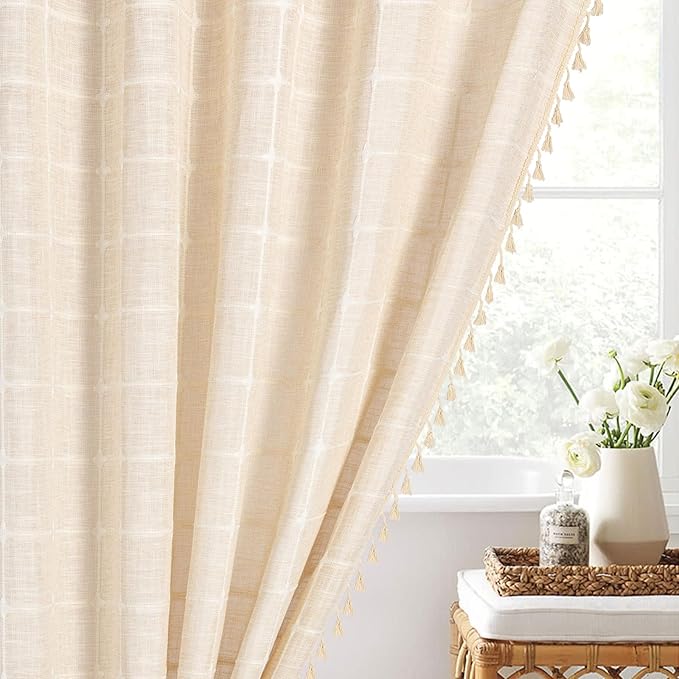 MitoVilla Boho Small Stall Shower Curtain 36 x 72, Beige Narrow Polyester Linen Fabric Shower Curtains for Farmhouse Bathroom Decor, Half Size Cloth Shower Curtain Set with Hooks, Cream