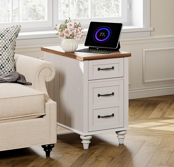WAMPAT White End Table with Charging Station, Wood Side Table with 1 Drawer &1 Storage Cabinet, Mid Century Modern Nightstand with Power Outlets & USB Ports for Living Room, Bedroom