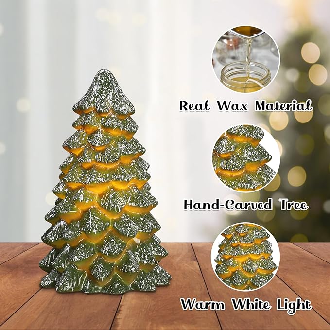 Green Christmas Tree Figurines Hand-Painted Tabletop Tree Flameless Candles Real Wax Flickering LED Battery Operated with Remote Lighted Christmas Tree Decoration for Shelf Fireplace Mantel Holiday