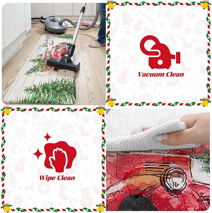 Christmas Truck Xmas Tree Kitchen Mat 2PCS, Cushioned Anti-Fatigue Non Skid Waterproof Kitchen Mats for Floor, Comfort Standing Mat Winter Decor for Office Desk Laundry, 17"x30"+17"x47"