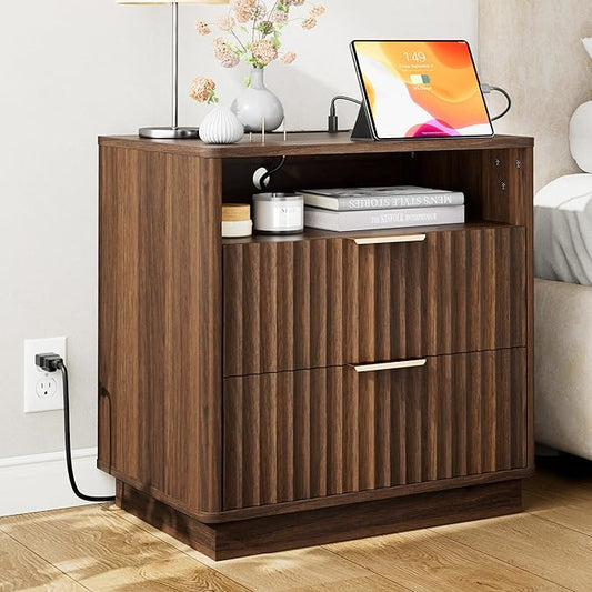 Large Fluted Nightstand with Charging Station, 23" Modern Farmhouse Night Stand, 2 Drawers End Table with Storage, Bedside Table for Bedroom Sofa Home Office, Curved Profile Design (Walnut)