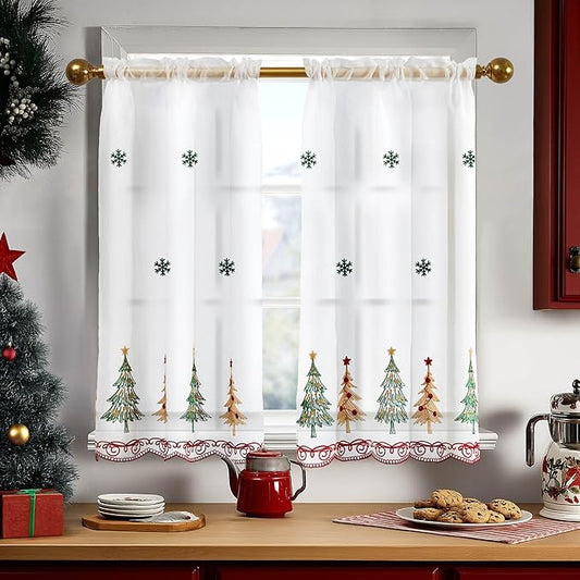 Deconovo Christmas Kitchen Tier Curtains, Embroidered Cafe Tiers, Semi Sheer Window Treatment with Rod Pocket, Light Filtering for Small Windows, Door & Sink Areas, 28W x 36L, Tree, 2 Panels