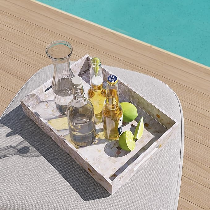 PEMAR Rectangular Mother of Pearl Serving Tray Nacre Wood Lap Ottoman Tray for Coffee Table, Luxury Decorative Handmade Eating Platters w Insert Handles (White Cream)