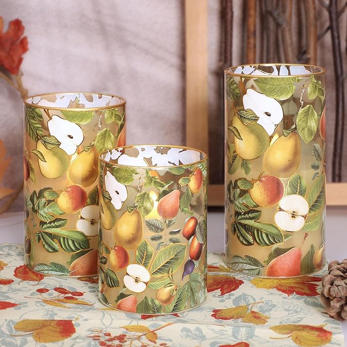 Autumn Flameless Candles with Remote Timer Apple Pear Glass Flickering Battery Operated LED Candles for Home Room Party Wedding Holiday Fall Decor - Set of 3