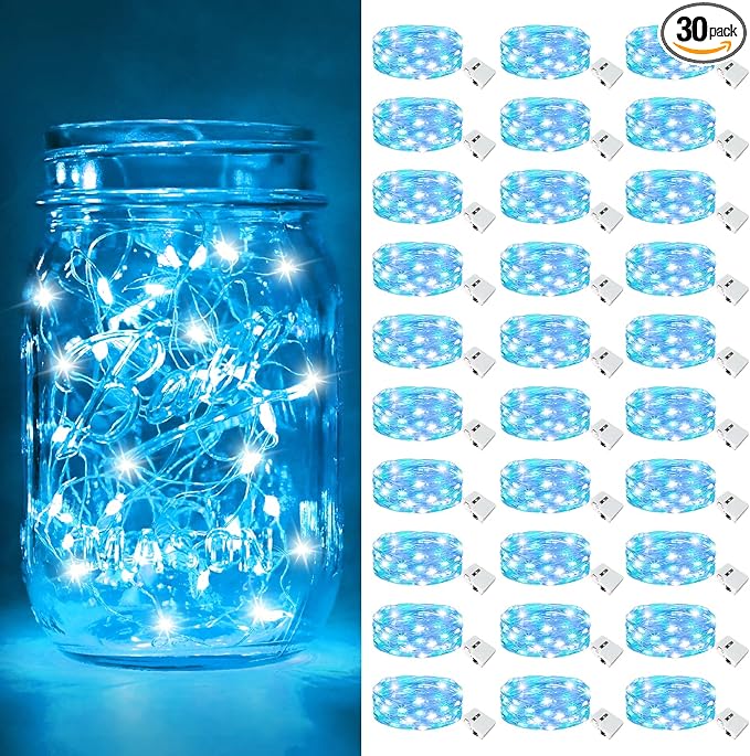 btfarm 30 Pack Fairy Lights Battery Operated [3 Modes], 7ft 20 Led Twinkle Lights String Lights Waterproof Bulk Small Mini Silver Wire for Christmas Mason Jars Wedding Table Centerpiece, Blue White