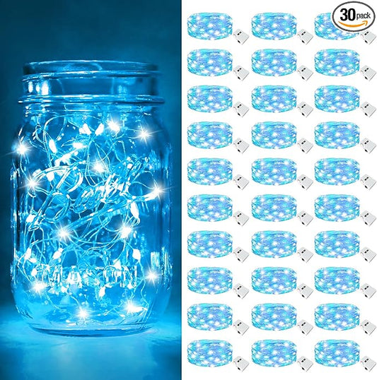 btfarm 30 Pack Fairy Lights Battery Operated [3 Modes], 7ft 20 Led Twinkle Lights String Lights Waterproof Bulk Small Mini Silver Wire for Christmas Mason Jars Wedding Table Centerpiece, Blue White