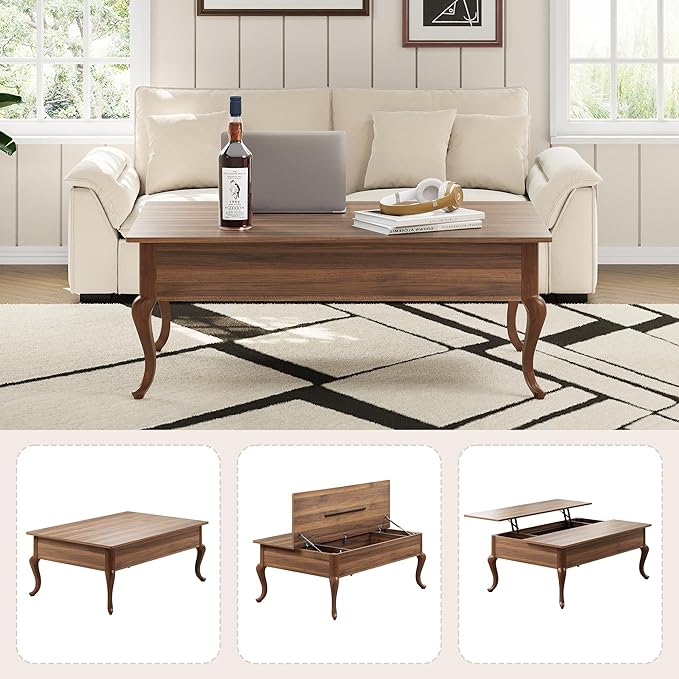 Lift Top Coffee Table, Farmhouse Coffee Table with Hidden Storage, Wood Center Table Dining Table for Living Room, Apartment, Home Office (Walnut)