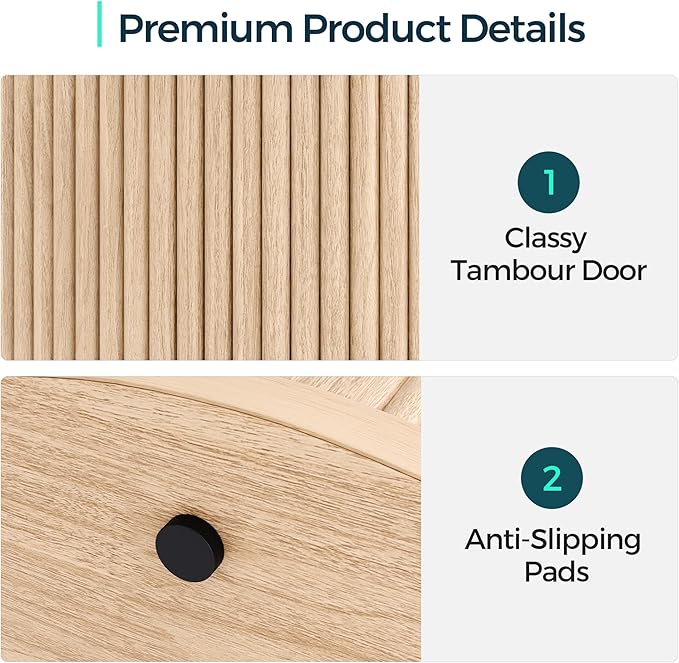 LINSY HOME Round Fluted End Table, Tall Side Table with Sliding Tambour Door and Storage Shelf, Modern Bedside Table, Mid-Century Nightstand for Living Room, Bedroom, Oak