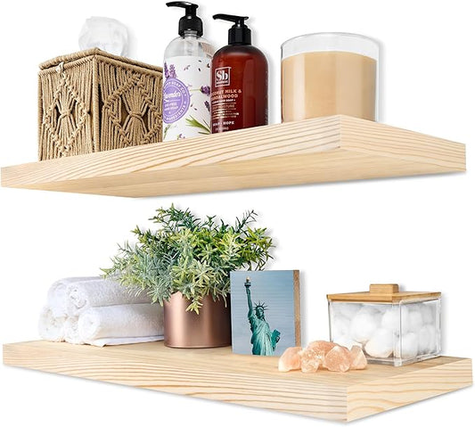 Sorbus Wood Floating Shelves for Wall - 24” Solid Wood Shelves for Bathroom Decor, Books, Bedroom & Living Room - Set of 2 Natural Wall Mounted Kitchen Shelves - Durable Solid Pine