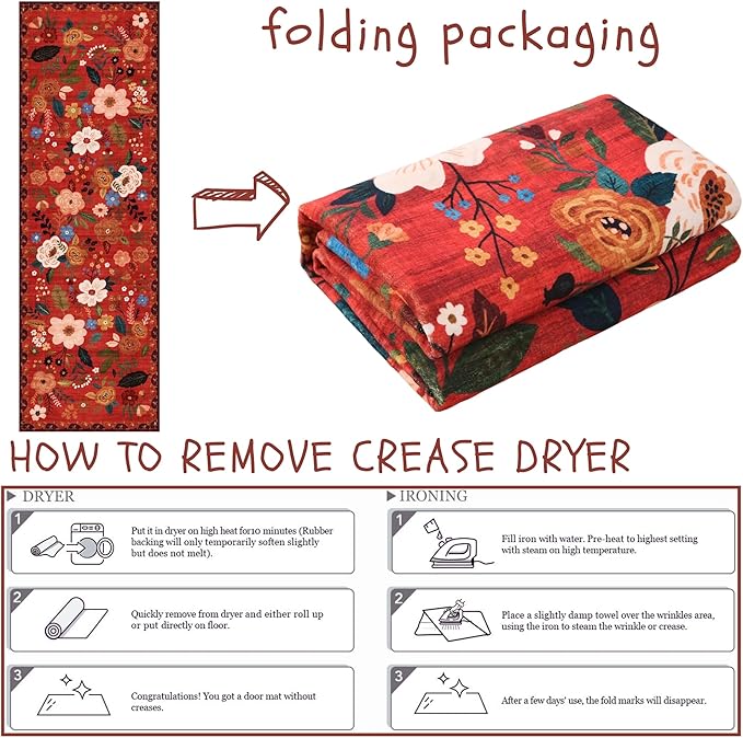 Rugcomf Runners for Hallways Kitchen Runner Rug Non Slip 2'x 10' Long Washable Rugs with Rubber Backing Soft Floral Carpet Runner for Hallways, Kitchen, Laundry, Bedroom, Bathroom(Red)