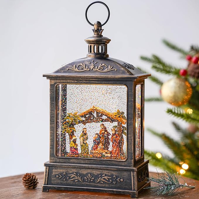 Christmas Snow Globe Glittering Nativity Scene with Music & Timer, USB Lined/Battery Operated Lighted Water Lantern for Christmas Festival Decoration Gifts