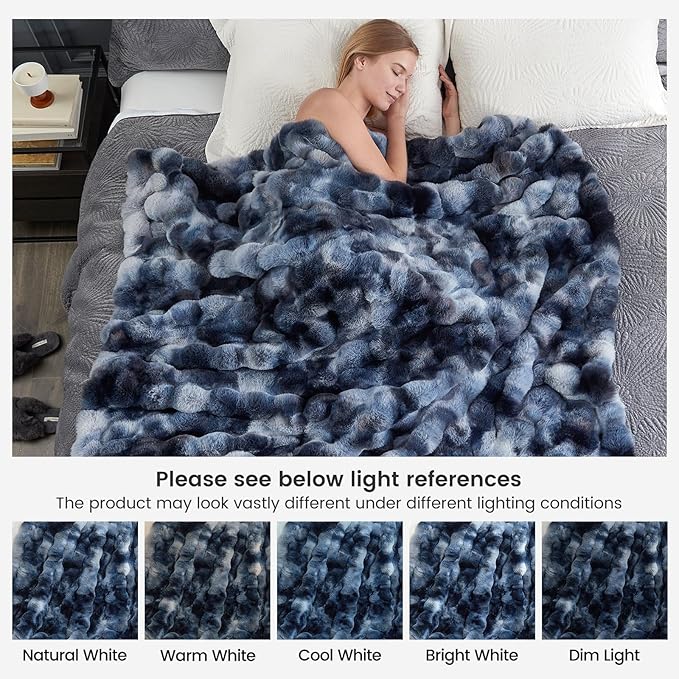Cozy Bliss Faux Fur Throw Blanket for Couch, Fuzzy Soft Plush Thick Bubble Blanket for Sofa Bedroom Living Room, 60 * 80 Inches Tie-dye Blue