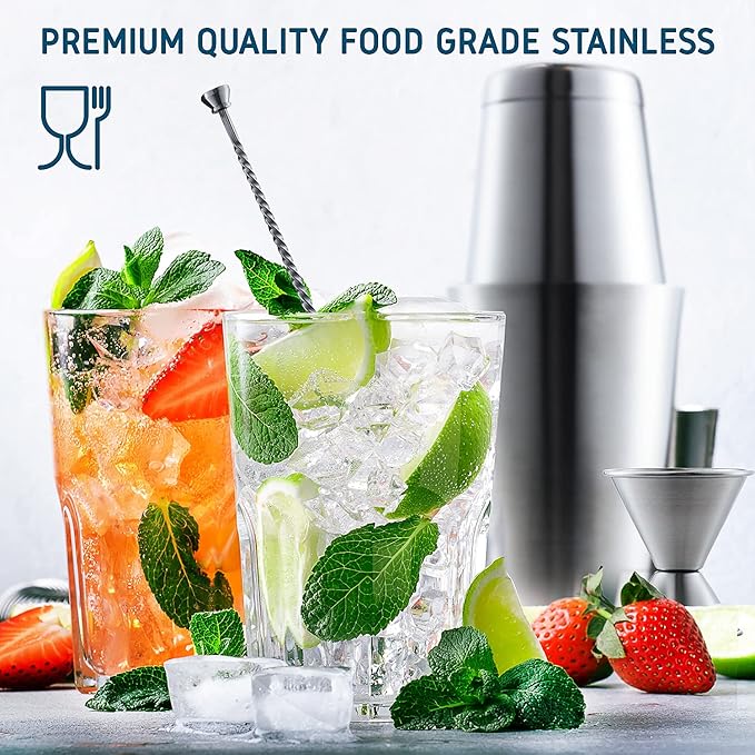 Bar Set Cocktail Shaker Set, Stainless Steel Mixology Bartender Kit, 16 Piece Cocktail Kit, Silver Cocktail Set, Bar Tools: 30oz Martini Shaker, Muddler, Bar Kit Cocktail Book, Jigger and Pourers