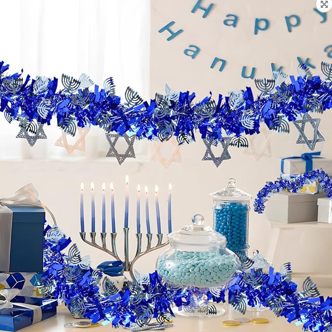 Hanukkah Decorations, 65 FT Blue Hanukkah Tinsel Garland with Menorah and Star of David Sequins Silver Ornaments Metallic Fake Twist Garland for Party Home Table Door Chanukah Indoor Outdoor