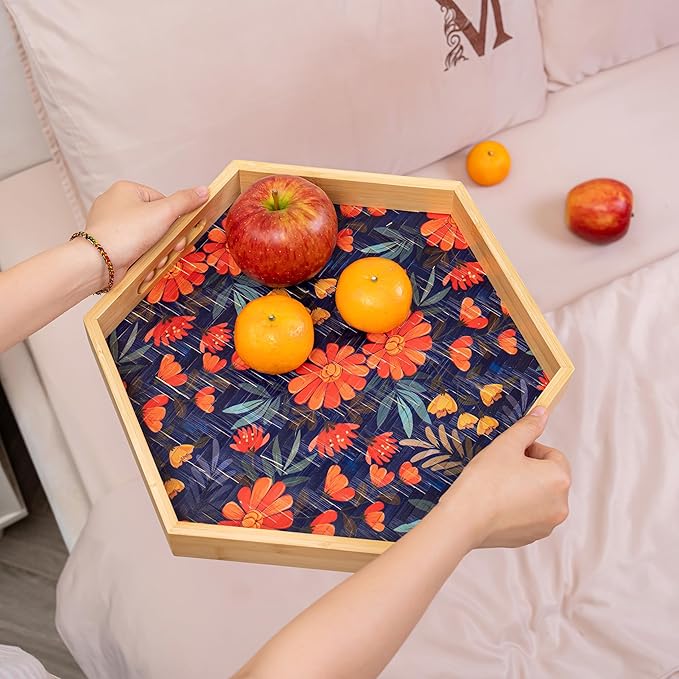 PEMAR 15.7" Hexagonal Bamboo Tray for Serving Coffee, Breakfast, Bread, Food, Art Decor. Decorative Pattern Tray for Coffee Table, Kitchen Counter, Vanity, Bedroom, Ottoman, Home Decor (Flowers)