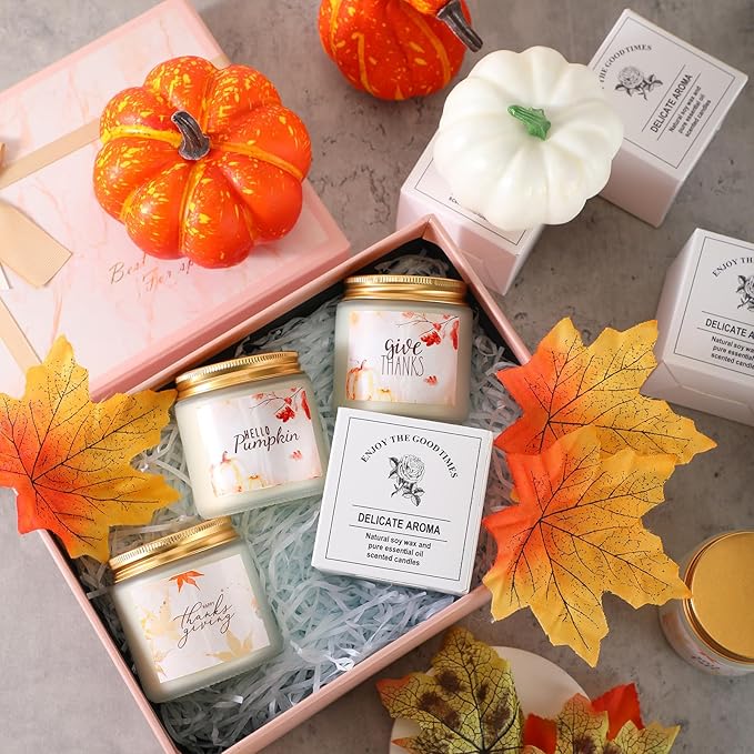 MTLEE 6 Pcs Thanksgiving Candle Jar Employee Appreciation Gifts Maple Leaf Pumpkin Candle Sea Salt Sage Scented Soy Wax Jar Thank You Gift for Halloween Coworker Teacher Home Decor(Fresh)