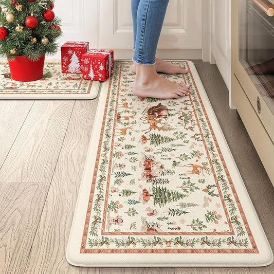 Collive Christmas Snowman Kitchen Floor Mats, Winter Xmas Tree Cushioned Anti Fatigue Kitchen Rugs 2 Piece Waterproof Elk Sled Sink Mat, Non Slip Foam Comfort Standing Desk Rug for Home Decor, Beige