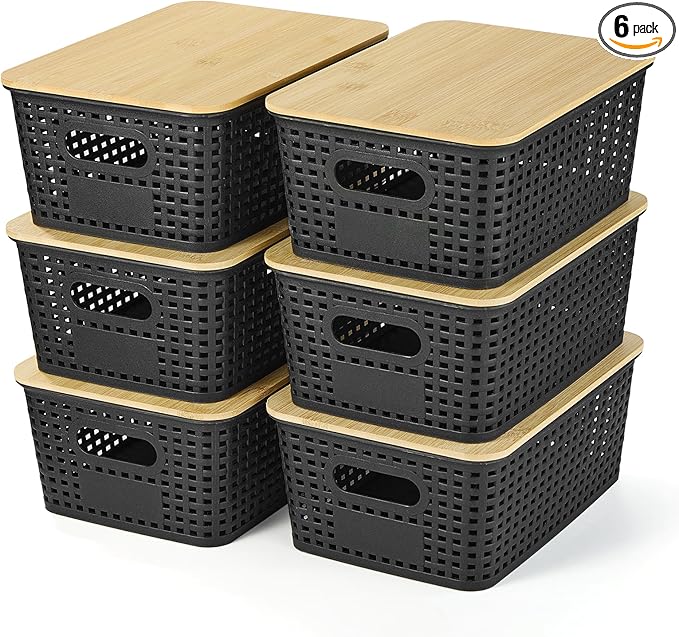 Plastic Storage Baskets With Bamboo Lid - Plastic Storage Containers Stackable Storage bins: Storage Baskets for Organizing Shelves Drawers Desktop Closet Playroom Classroom Office, 6 Pack