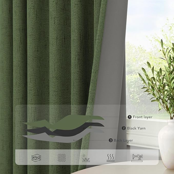 Olive Green Blackout Curtains 84 Inches Long 2 Panels Linen Boho Black Out Dark Green Forest Curtains for Living Room Bedroom Windows Darkening Insulated Thermal Drapes 84 Length Christmas Decorations