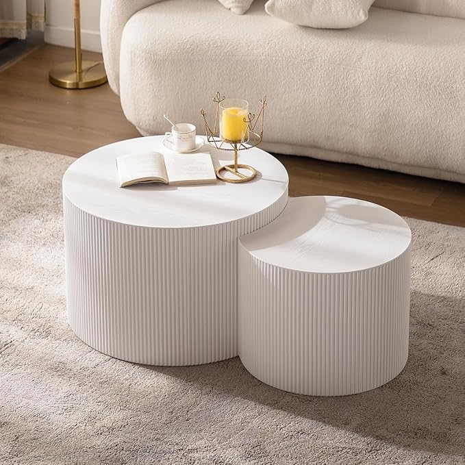 Round Nesting Coffee Table Set of 2 Modern White Fluted Coffee Table Small Round End Table Crescent Side Table Circular Coffee Tables Nested Coffee Tables for Living Room (Cream Small)