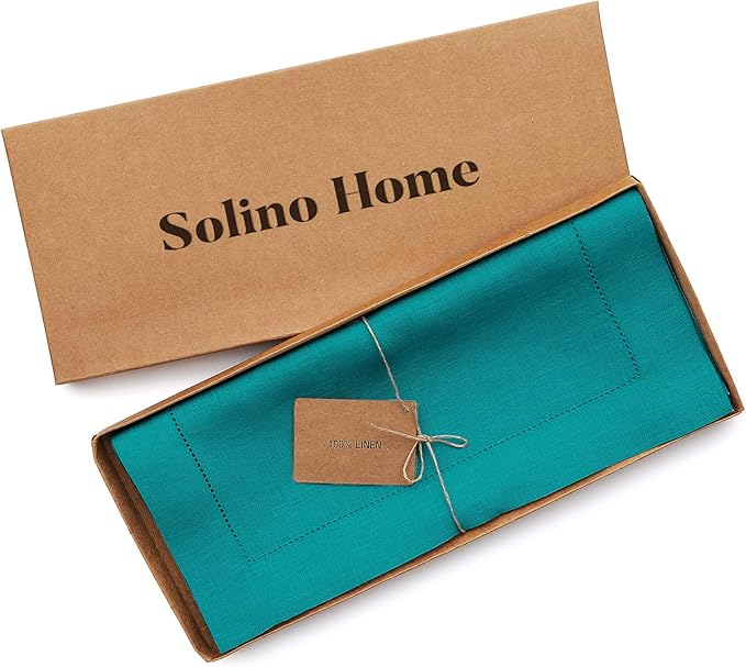 Solino Home Linen Hemstitch Table Runner 48 Inches - 100% Pure Linen Teal Table Runner 14 x 48 Inch Ideal for Dresser and Coffee Tables - Fall, Autumn, Thanksgiving, Christmas - Classic Hemstitch