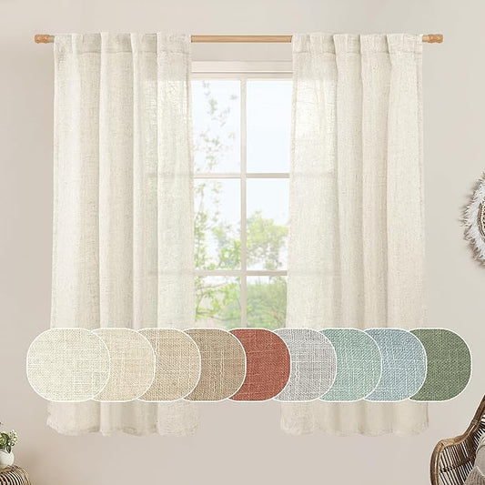 LAMIT Natural Linen Semi Sheer Curtains 63 Inch for Bedroom, Light Filtering Neutral Window Curtains Farmhouse Boho Back Tab and Rod Pocket Panels, Natural Cream Ivory, 2 Panels, 38 x 63 Inch