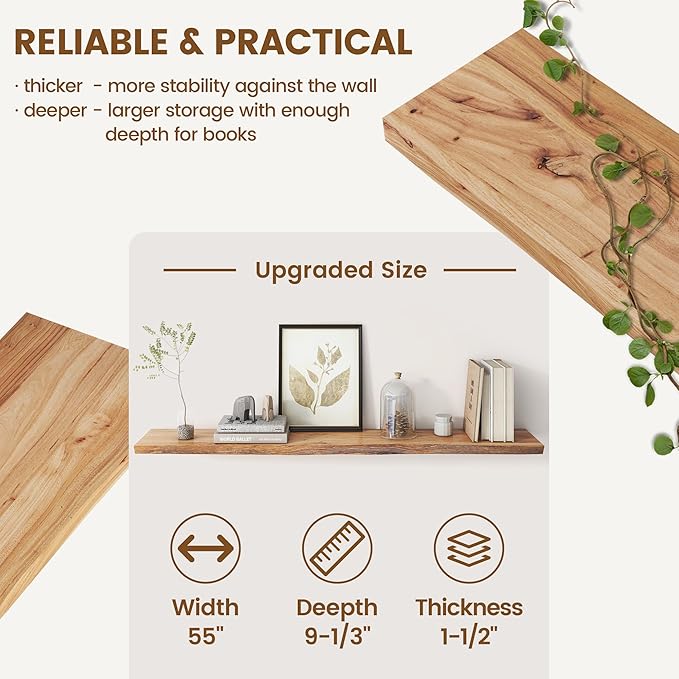 Rustic Elm Wood Floating Shelf for Wall, Live Edge 55"W x 9.2"D x 1.4"H, 1 Pack with Invisible Bracket, Large Wall Mounted Storage Shelf for Living Room Bedroom Kitchen Bathroom Decor, Natural Finish