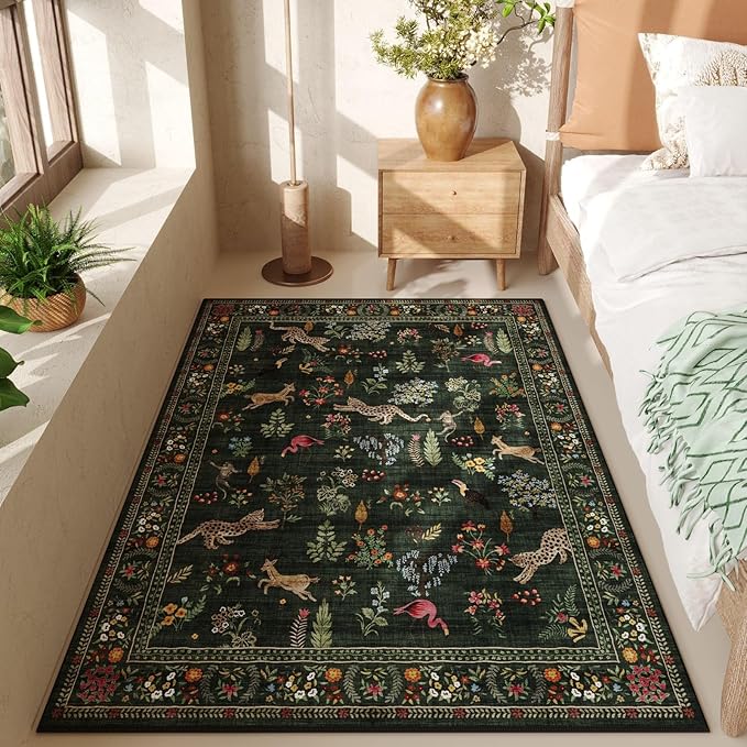 Rugcomf Bedroom Rug 3x5 Rug Washable Area Rug Non Slip Low Pile Boho Floral Animal Small Carpet for Bedroom, Bedside, Kitchen, Entryway, Kids Room, Office, College Dorm Essentials for Girls (Green)