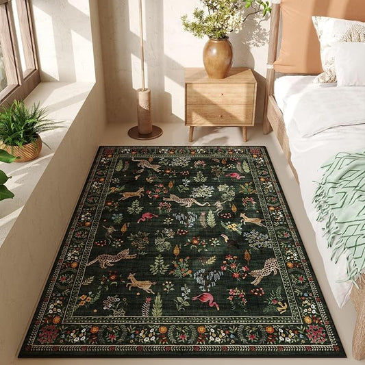 Rugcomf Bedroom Rug 3x5 Rug Washable Area Rug Non Slip Low Pile Boho Floral Animal Small Carpet for Bedroom, Bedside, Kitchen, Entryway, Kids Room, Office, College Dorm Essentials for Girls (Green)