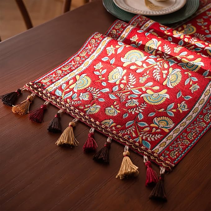 13×72 Inch Table Runner, Retro-Luxury Tassels Series for Kitchen Dining Table Holiday Decoration (Red Branch)